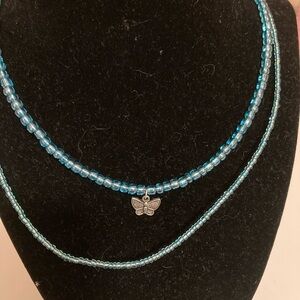 Handmade Double Strand Blue Beaded Butterfly Charm Necklace , Y2K, Glass beads